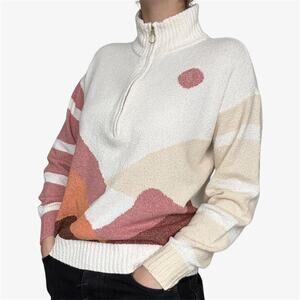 Lou & Grey cream pink graphic quarter zip sweater boho mountains - size XS